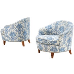 Pair of Charming Italian Mid-Century Lounge Chairs in Light Blue Damask Fabric