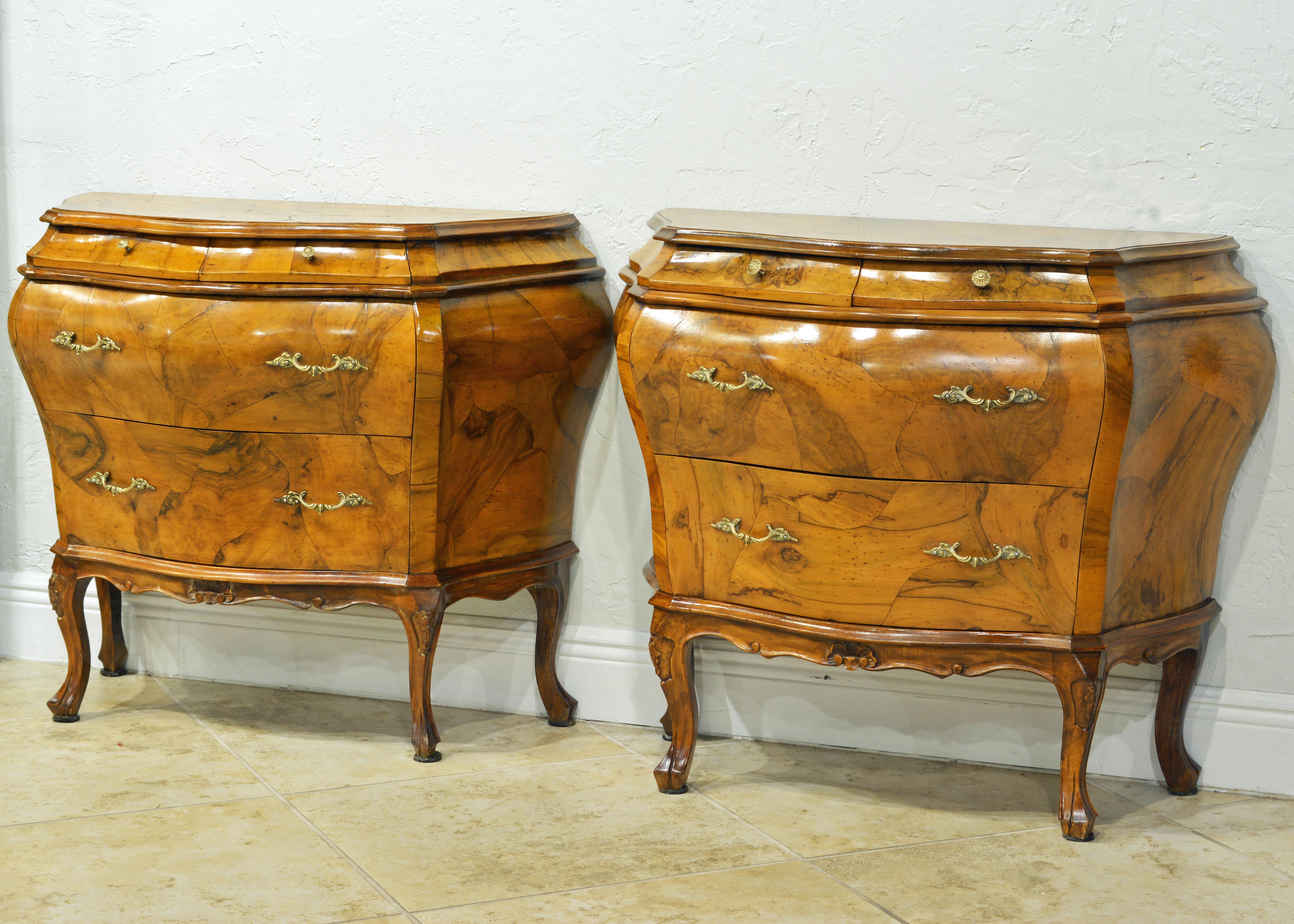 Pair of Charming Italian Rococo Style Carved Olive Wood Bombe Commodes 6