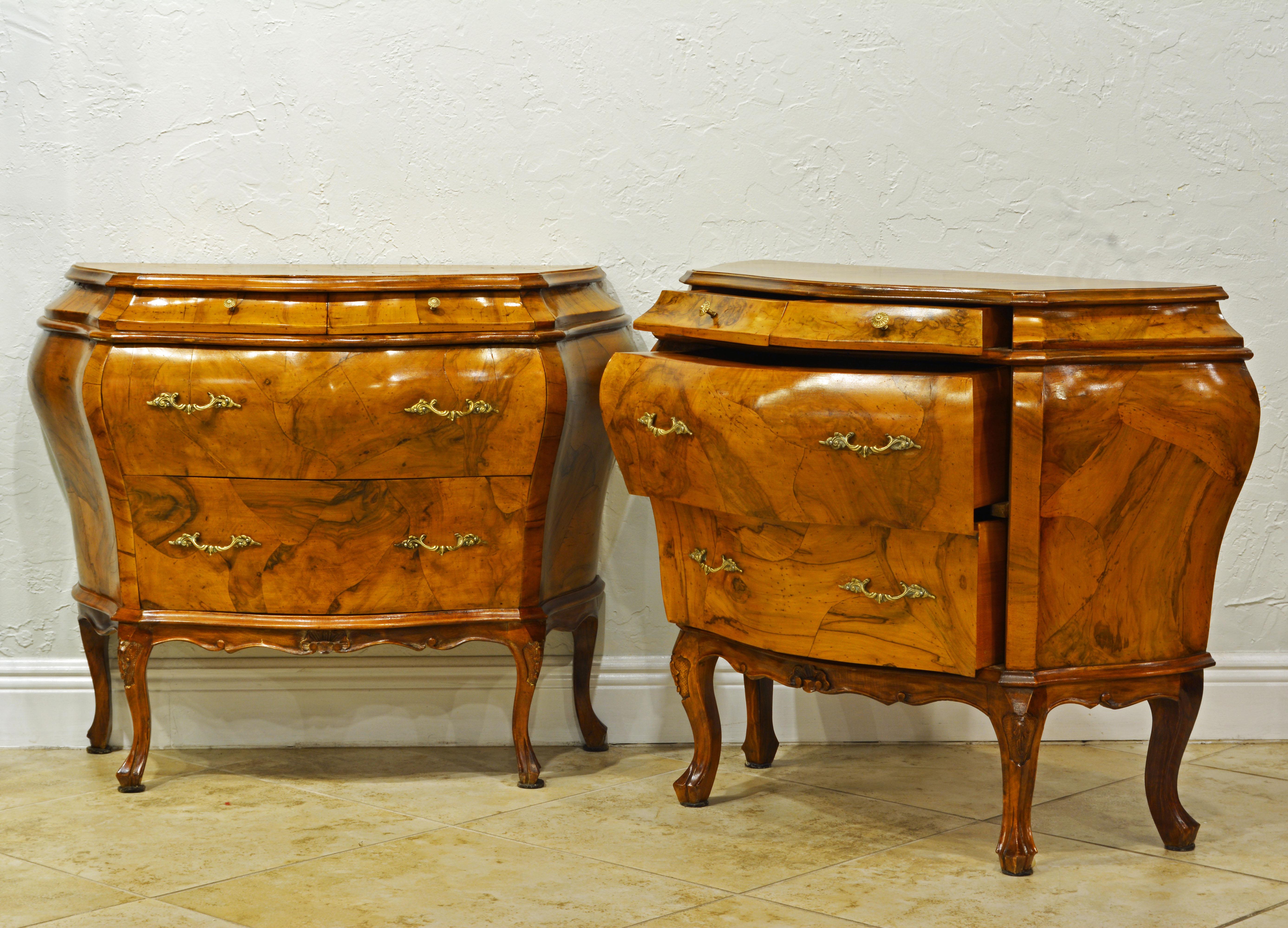 Veneer Pair of Charming Italian Rococo Style Carved Olive Wood Bombe Commodes