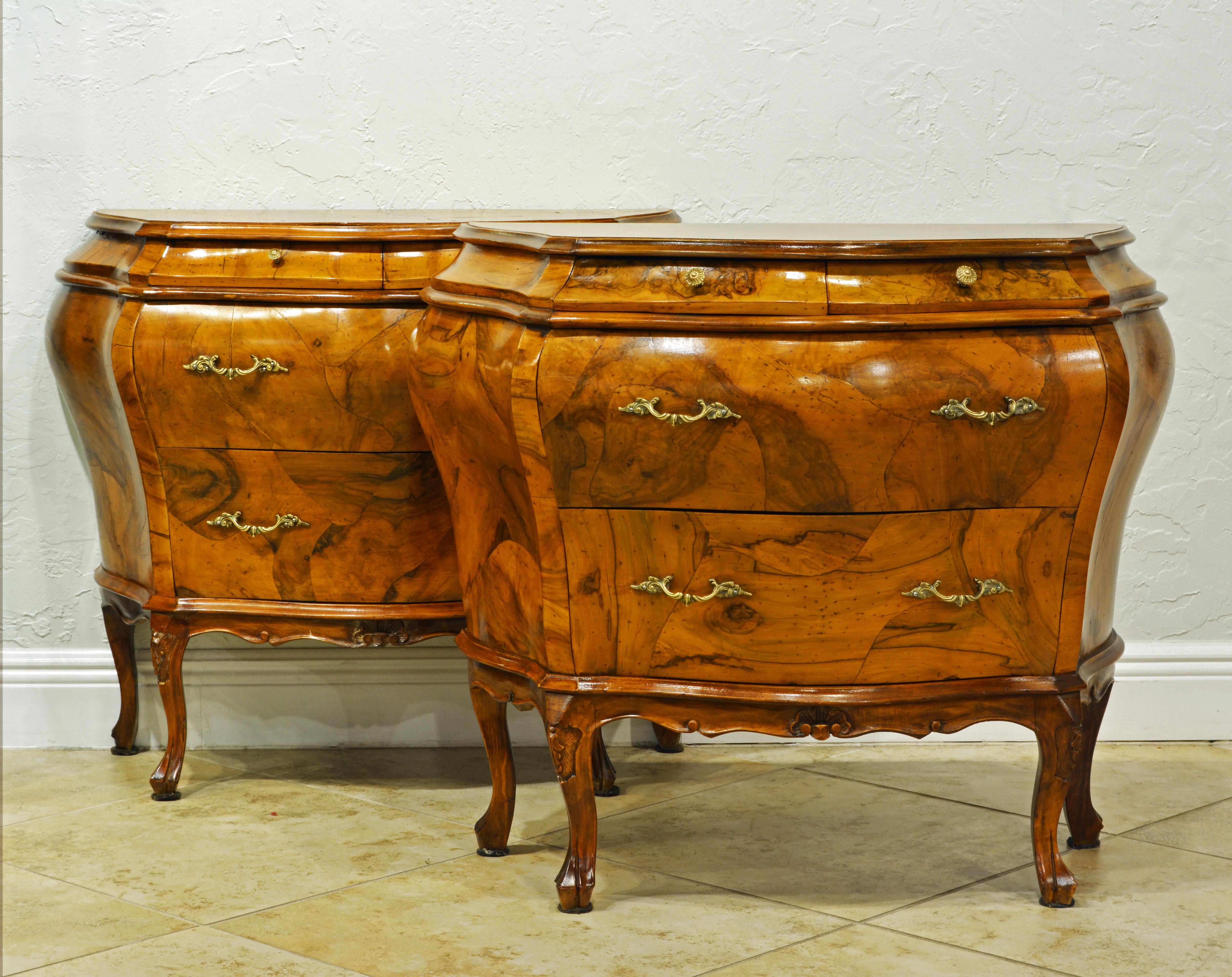 20th Century Pair of Charming Italian Rococo Style Carved Olive Wood Bombe Commodes