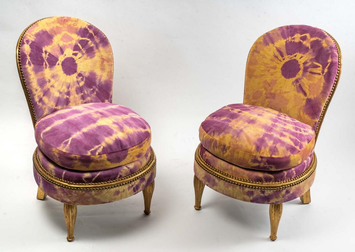 Art Nouveau Pair of Charming Little Gilded Beechwood Armchairs