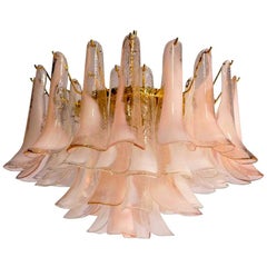 Pair of Charming Pink and White Murano Petals Chandeliers or Ceiling Lights