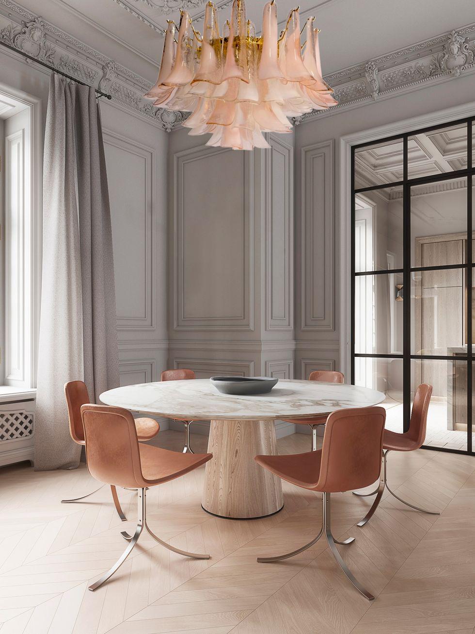 Coppia di affascinanti lampadari italiani realizzati con 50 petali di vetro di murano trasparente/rosa e trasparente/bianco 
