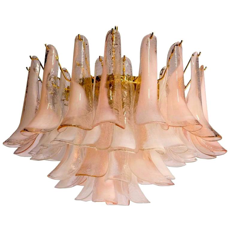 Mid-Century Modern Pair of Charming Pink and White Murano Petals Chandeliers or Ceiling Lights For Sale