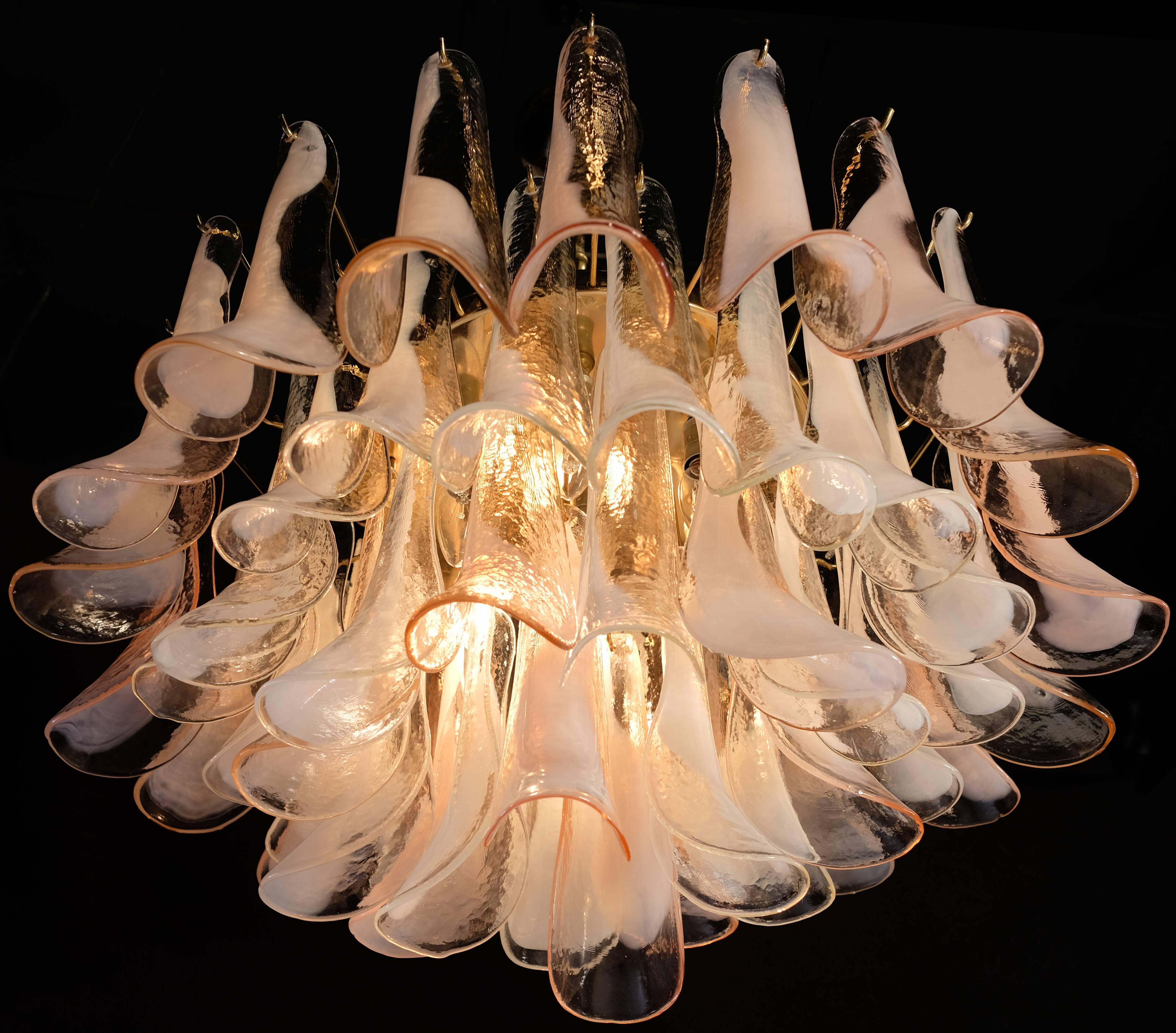 Blown Glass Pair of Charming Pink and White Murano Petals Chandeliers or Ceiling Lights For Sale