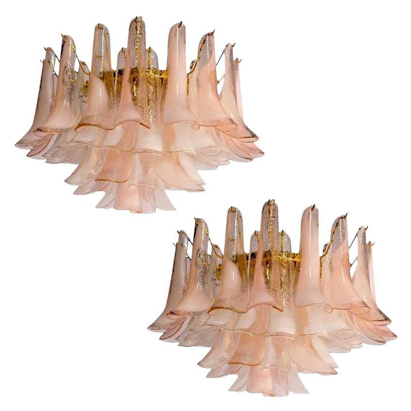 Pair of Charming Pink and White Murano Petals Chandeliers or Ceiling Lights For Sale