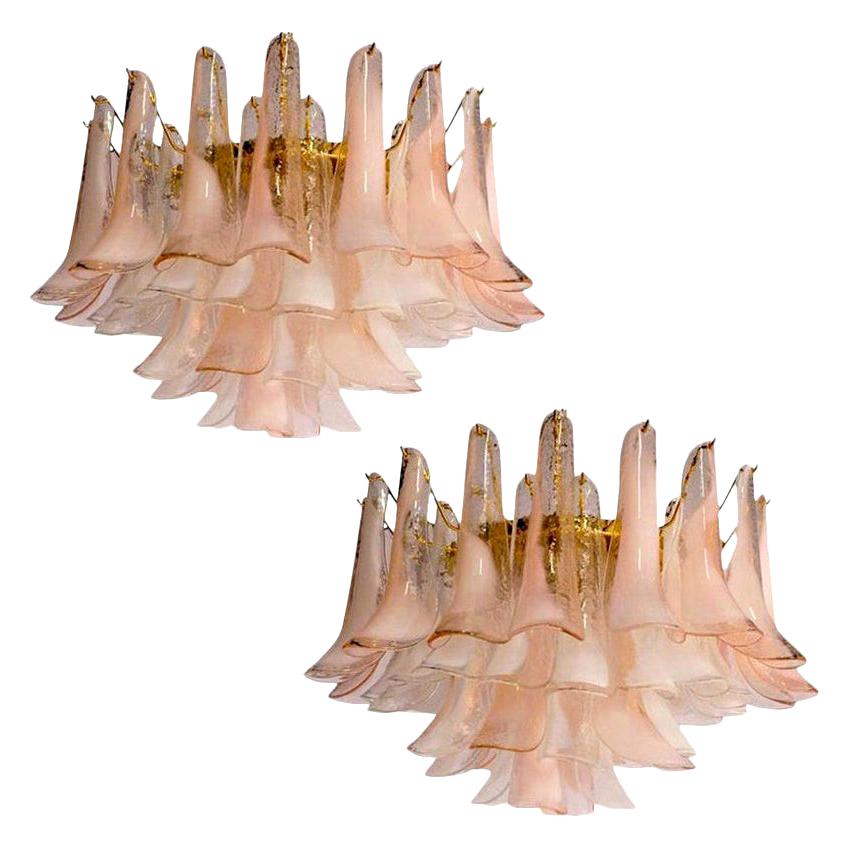 Pair of Charming Pink and White Murano Petals Chandeliers or Ceiling Lights