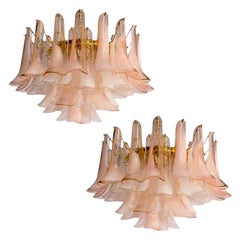 Pair of Charming Pink and White Murano Petals Chandeliers or Ceiling Lights