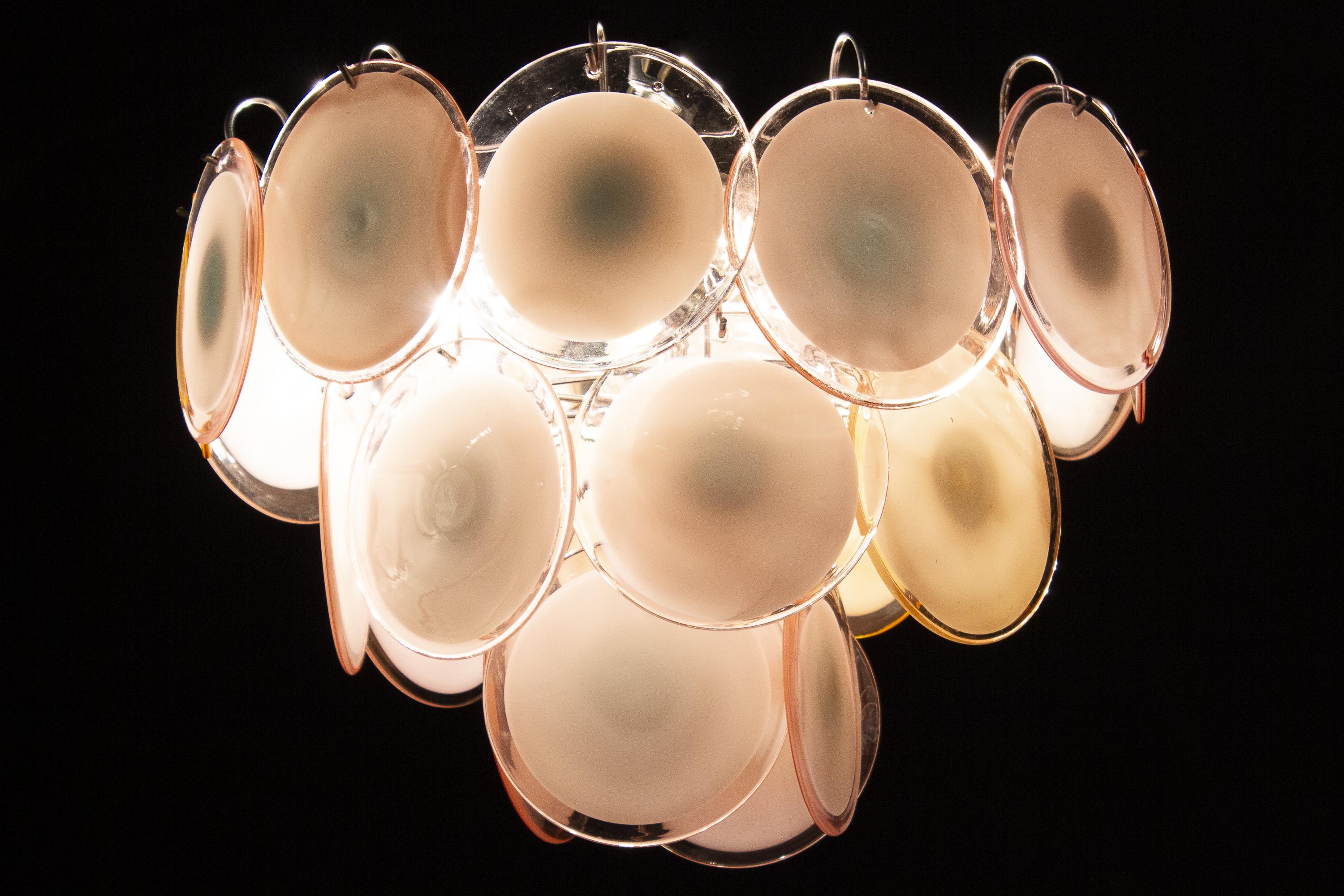 Blown Glass Pair of Charming Pink Vistosi Disc Murano Chandelier, 1970s