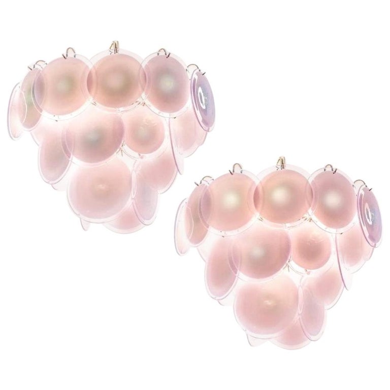 Pair of Charming Pink Vistosi Disc Murano Chandelier, 1970s For Sale