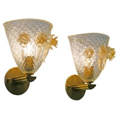 Pair of Charming Quilted Murano Glass Sconces with Handblown Flower Details