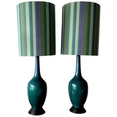 Pair of Charming Turquiose Lamps with Original Shades