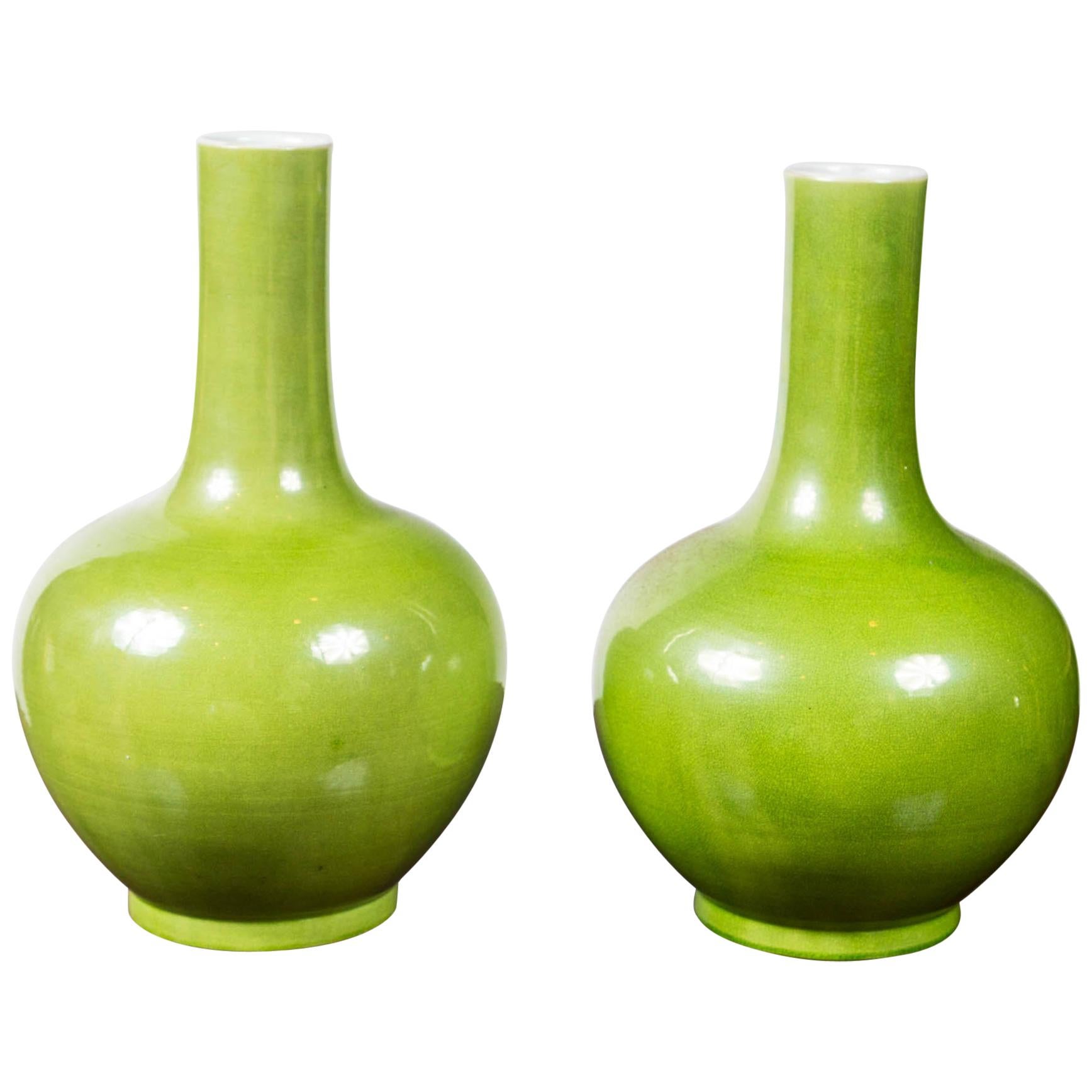 Pair of Chinese Porcelain Chartreuse Bottle Vases