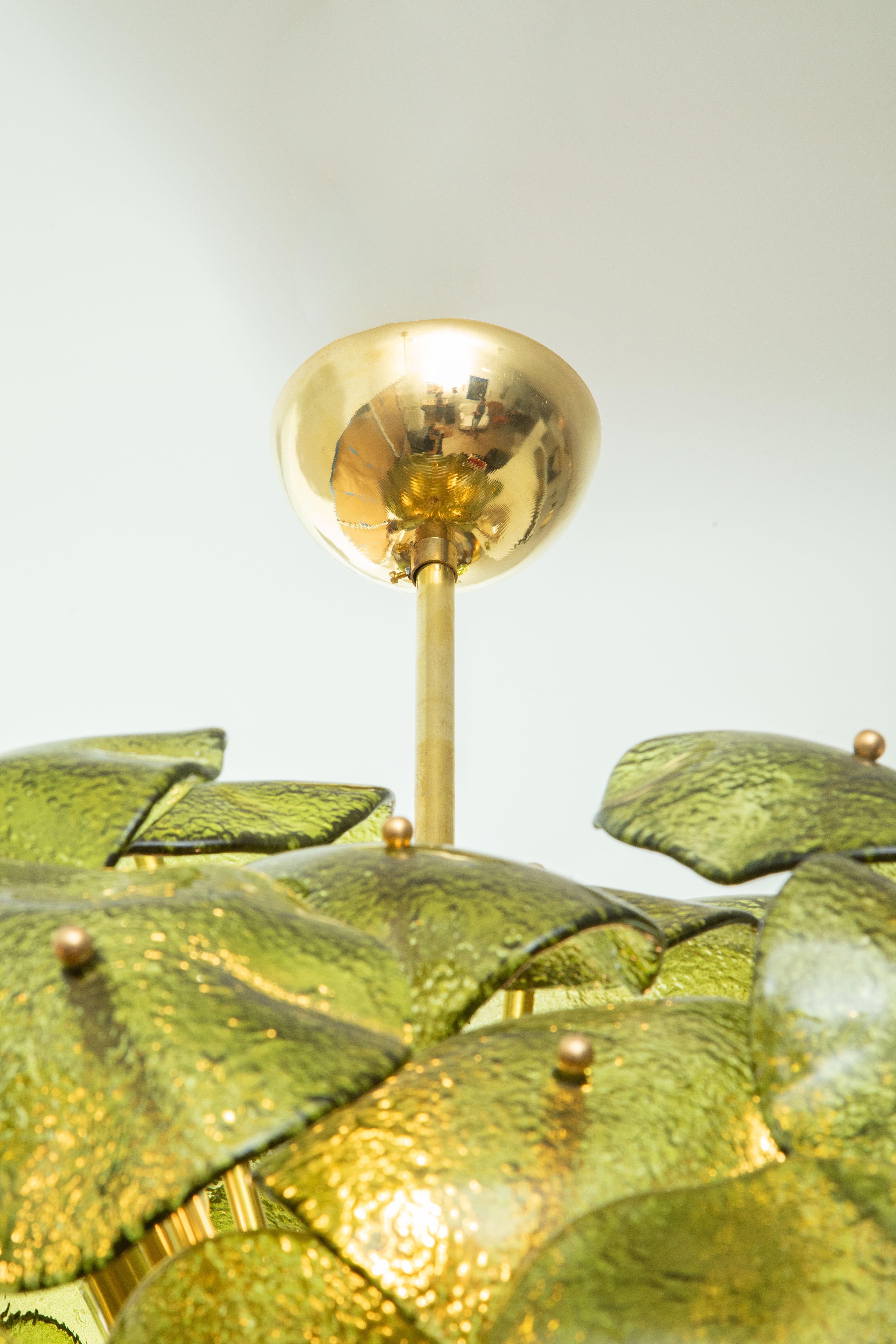Italian Pair of Chartreuse Glass and Brass Sputnik Chandelier, in Stock For Sale