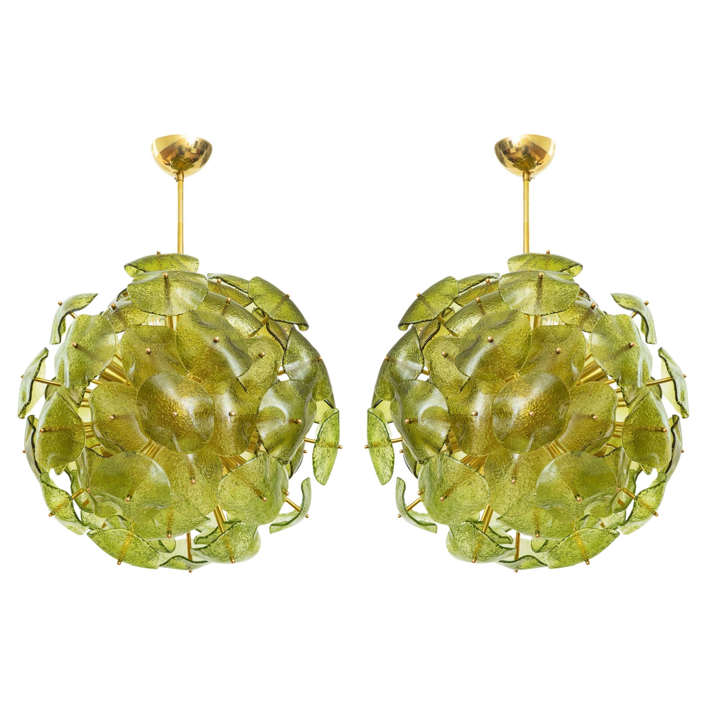 Pair of Chartreuse Glass and Brass Sputnik Chandelier, in Stock