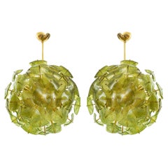 Vintage Pair of Chartreuse Glass and Brass Sputnik Chandelier, in Stock