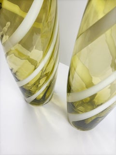 Pair of Chartreuse Green Candy Stripe Empoli Glass Floor Vases, Italy, 1960s