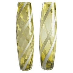 Pair of Chartreuse Green Candy Stripe Empoli Glass Floor Vases, Italy, 1960s