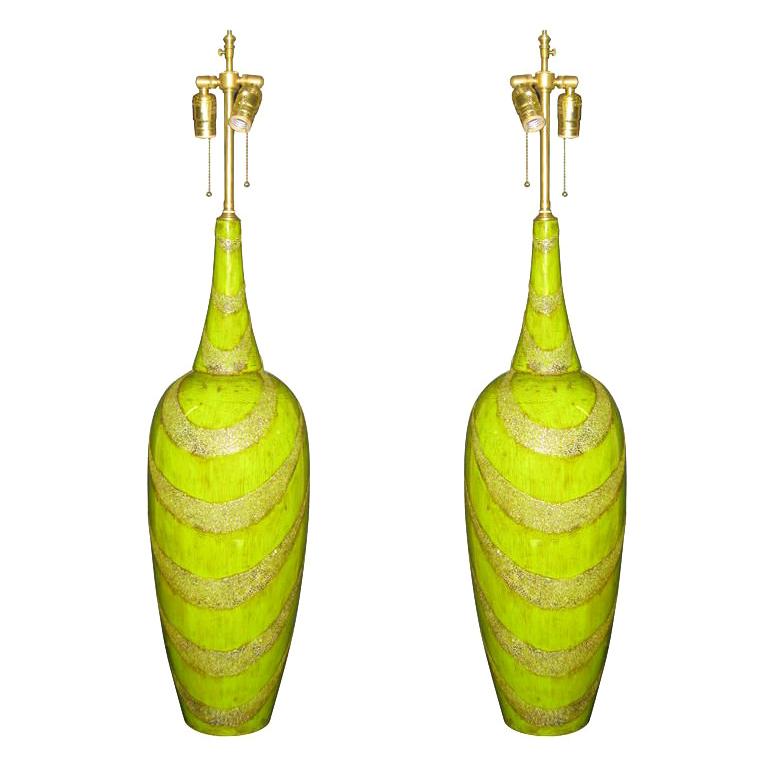 Pair of Chartreuse Lacquer Vessels with lamp application. For Sale