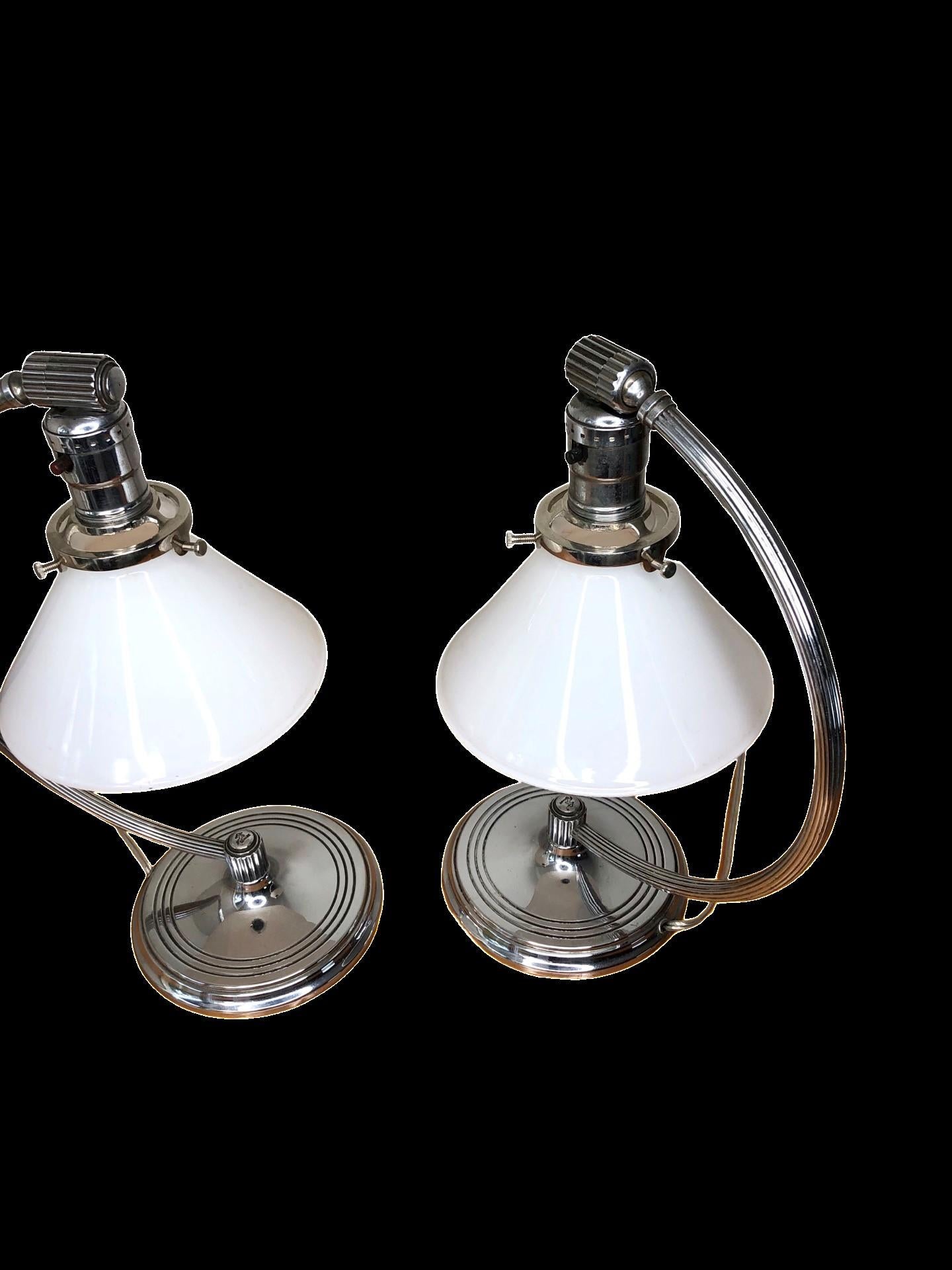 Milk Glass Pair of Chase Chrome Art Deco Desk Lamps For Sale