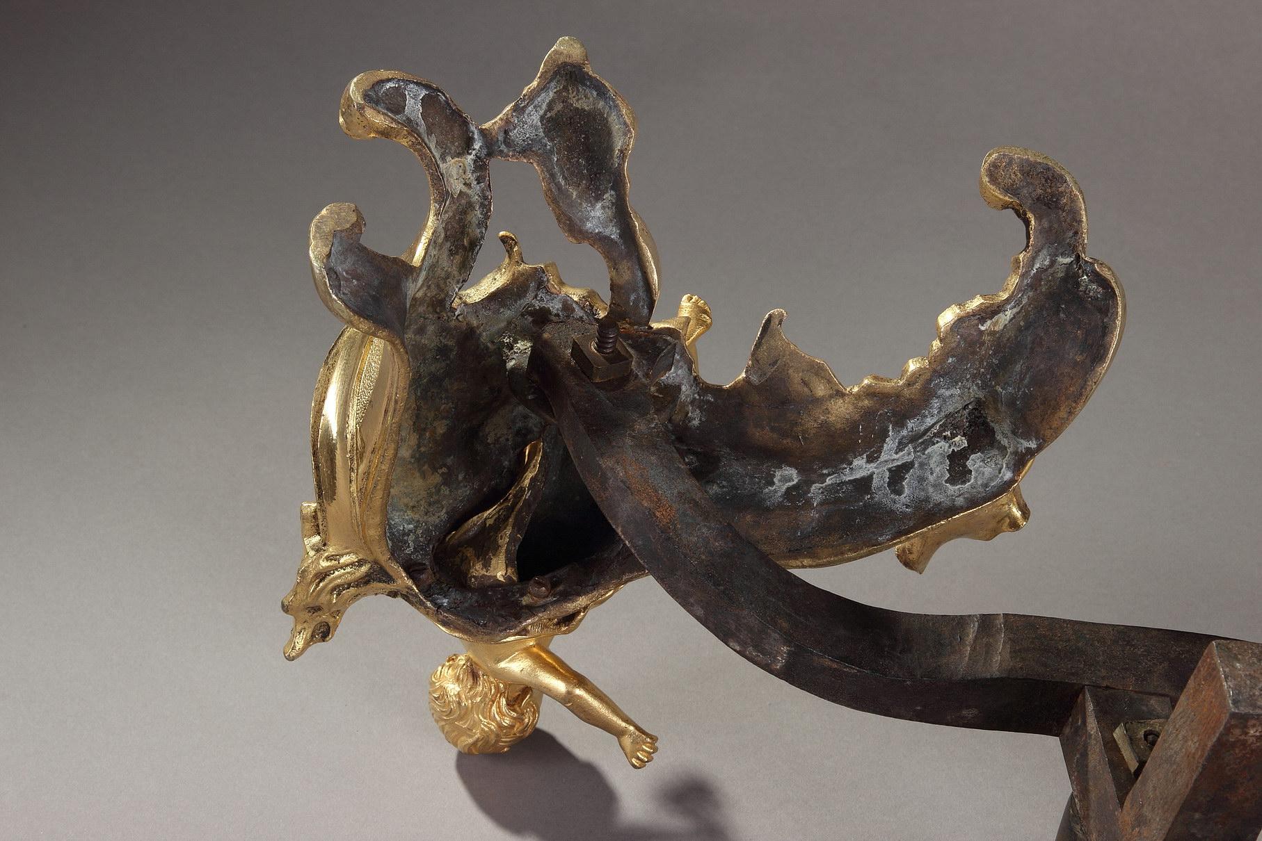Paire de chenets en bronze ciselé et doré du 18ème siècle en vente 5
