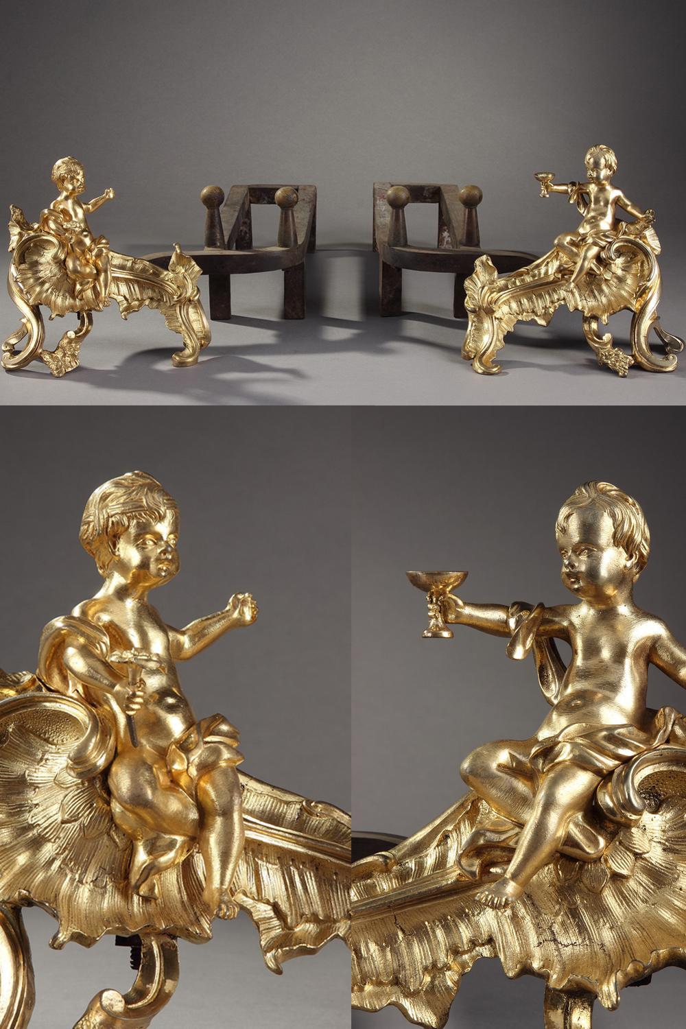 Pair of Chased and Gilded Bronze Andirons from the 18th Century For Sale 8