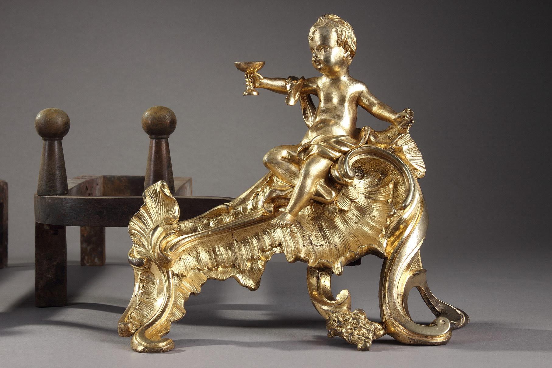 Gilt Pair of Chased and Gilded Bronze Andirons from the 18th Century For Sale