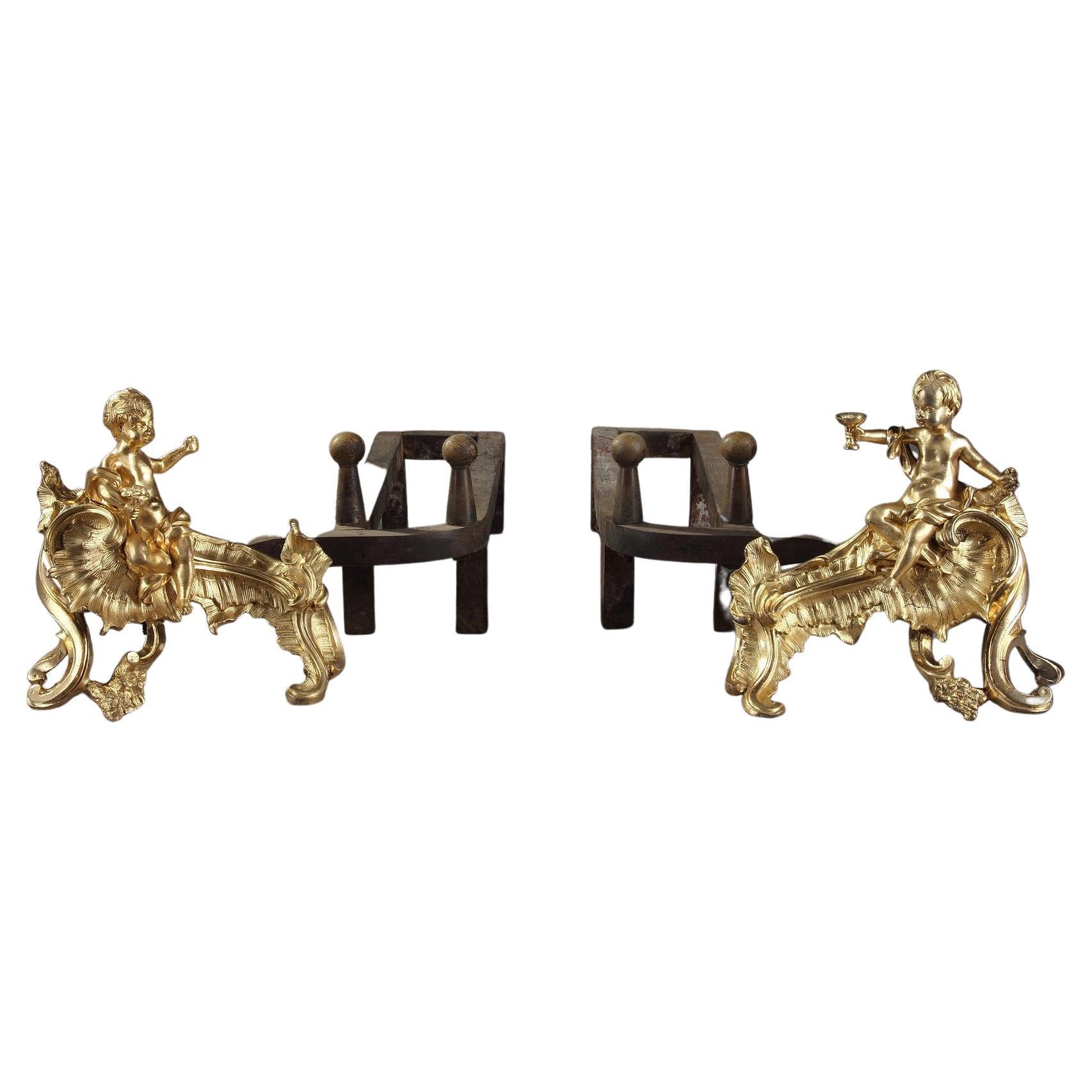 Pair of Chased and Gilded Bronze Andirons from the 18th Century For Sale