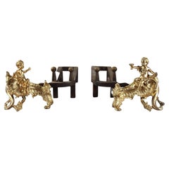 Antique Pair of Chased and Gilded Bronze Andirons from the 18th Century