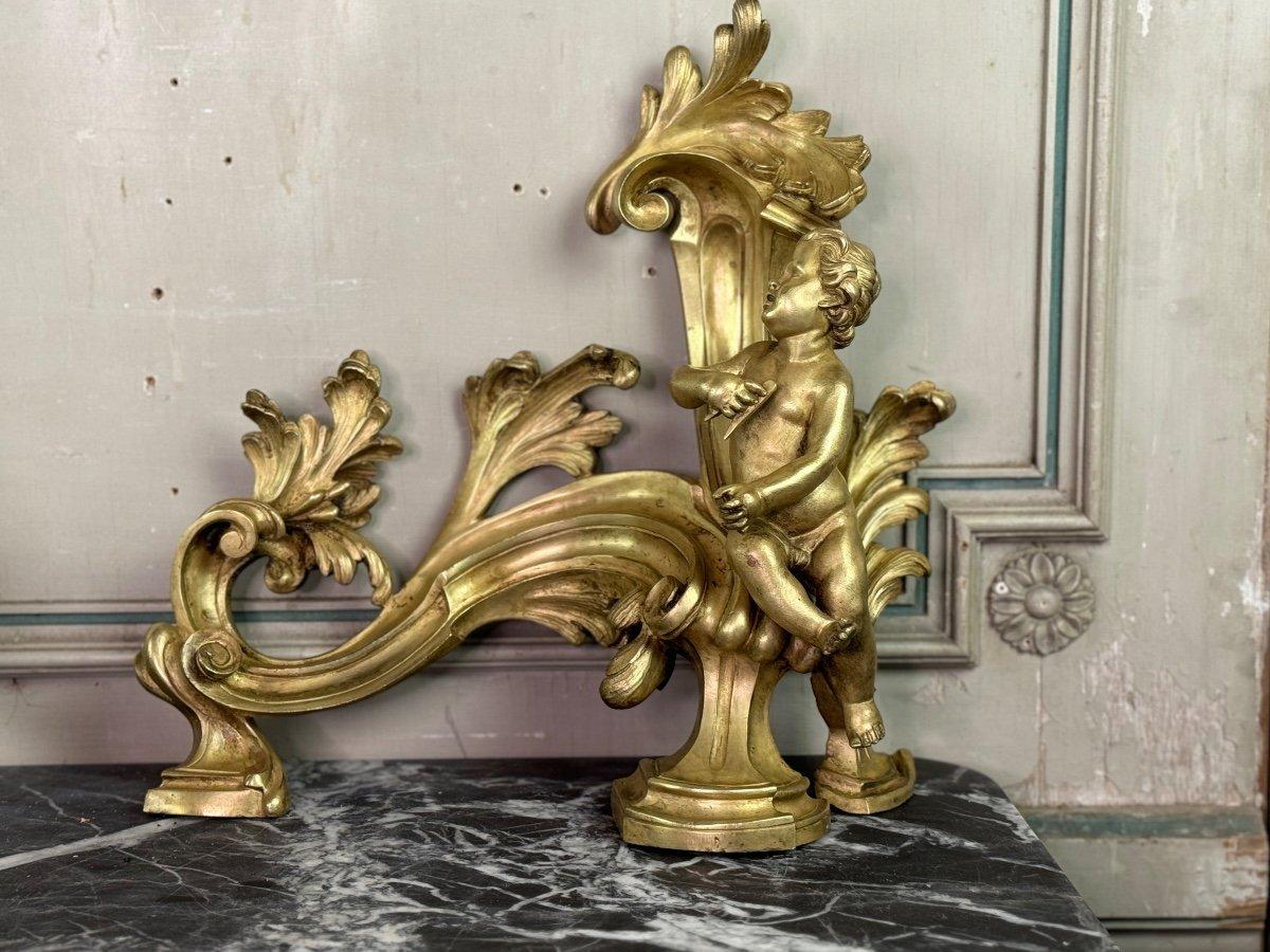 Coppia di Chenêts in bronzo cesellato e dorato su modello di Jacques Caffieri in vendita 3