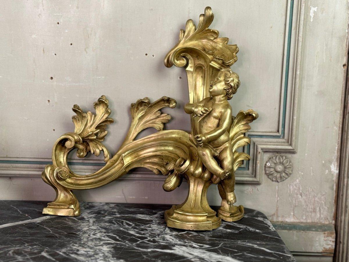 XIX secolo Coppia di Chenêts in bronzo cesellato e dorato su modello di Jacques Caffieri in vendita