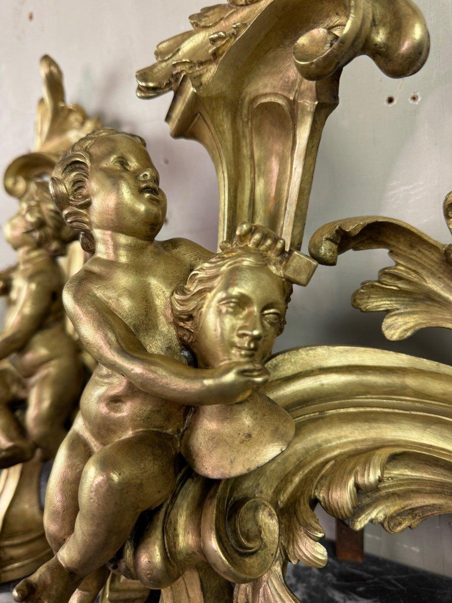 Coppia di Chenêts in bronzo cesellato e dorato su modello di Jacques Caffieri in vendita 2