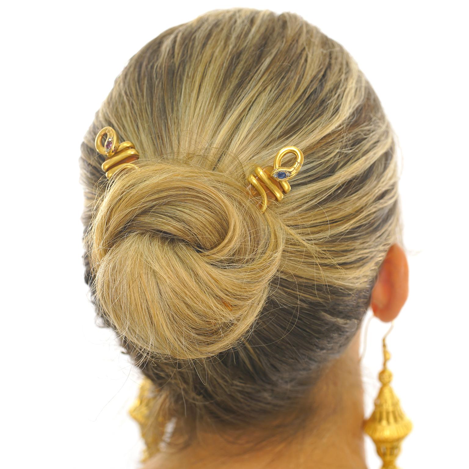 Pair of Chaumet Hairpins with Ruby and Sapphire Set Gold Snakes 3