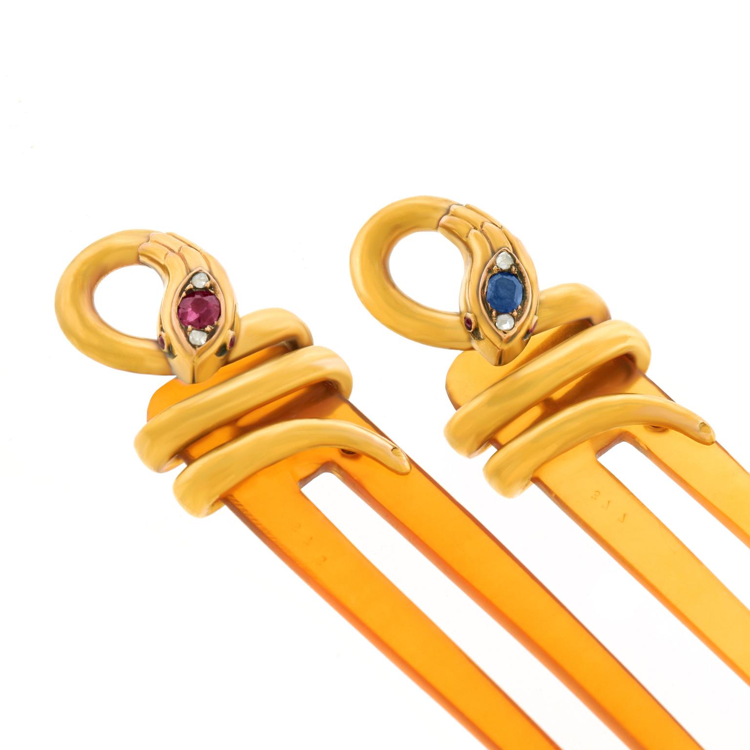 Women's Pair of Chaumet Hairpins with Ruby and Sapphire Set Gold Snakes