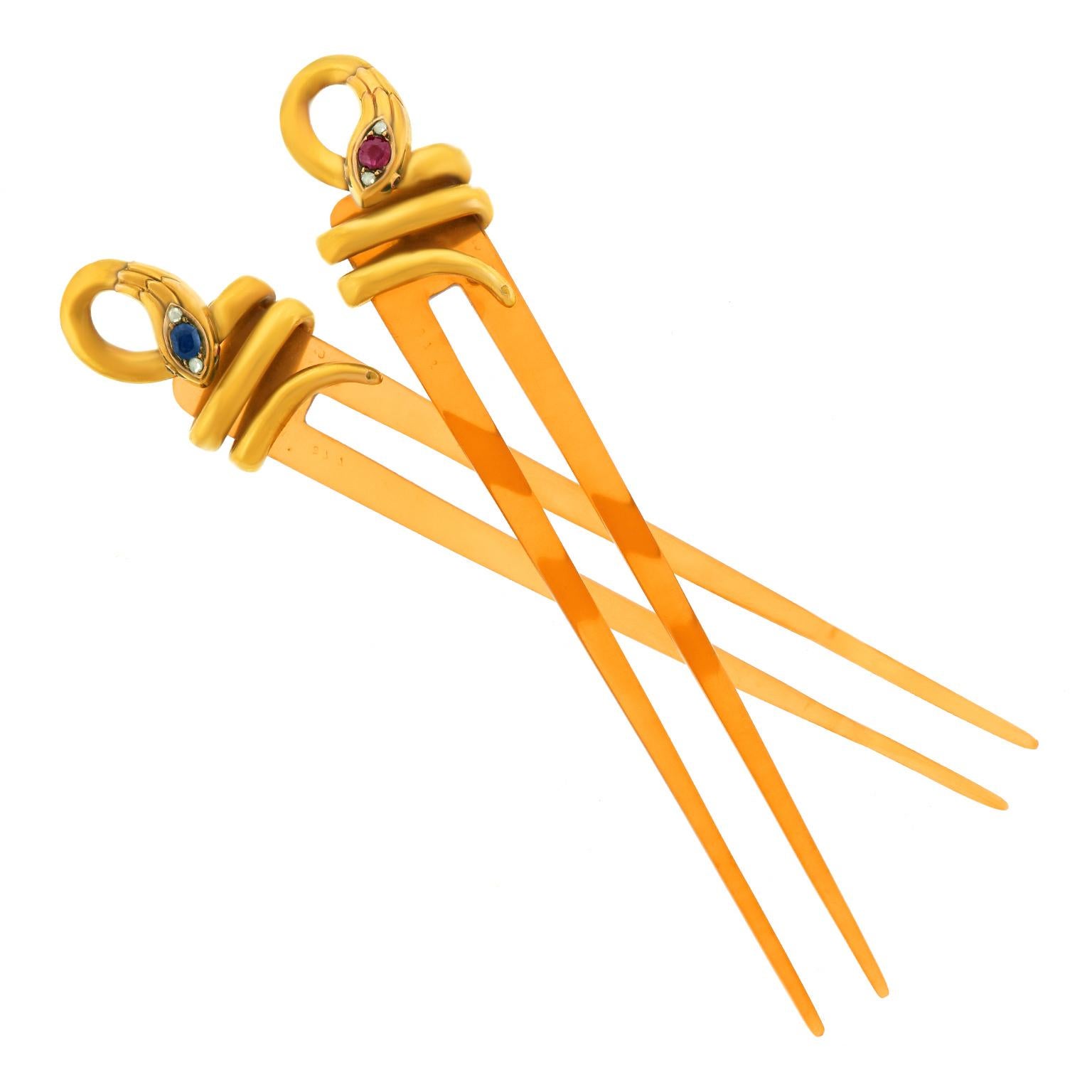Pair of Chaumet Hairpins with Ruby and Sapphire Set Gold Snakes 1