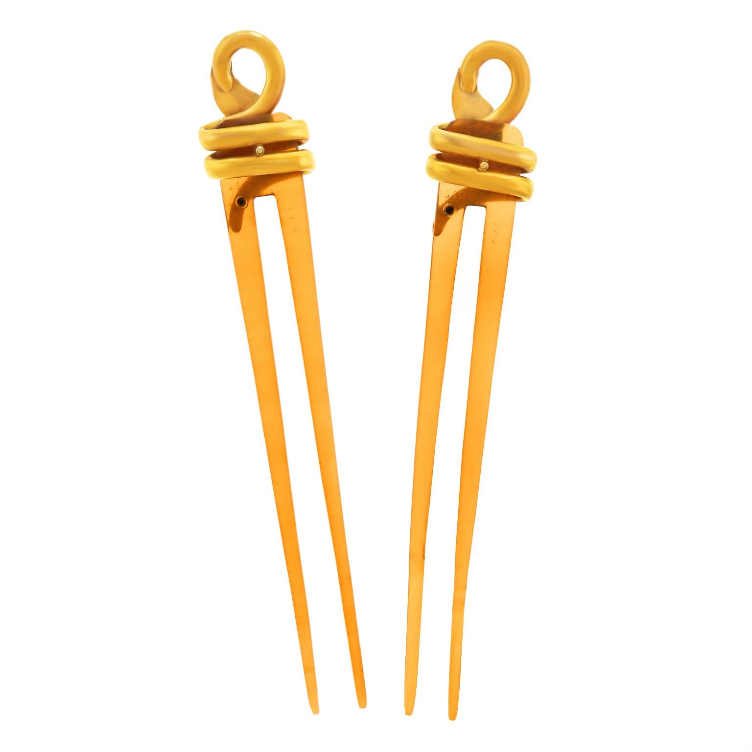 Pair of Chaumet Hairpins with Ruby and Sapphire Set Gold Snakes 2