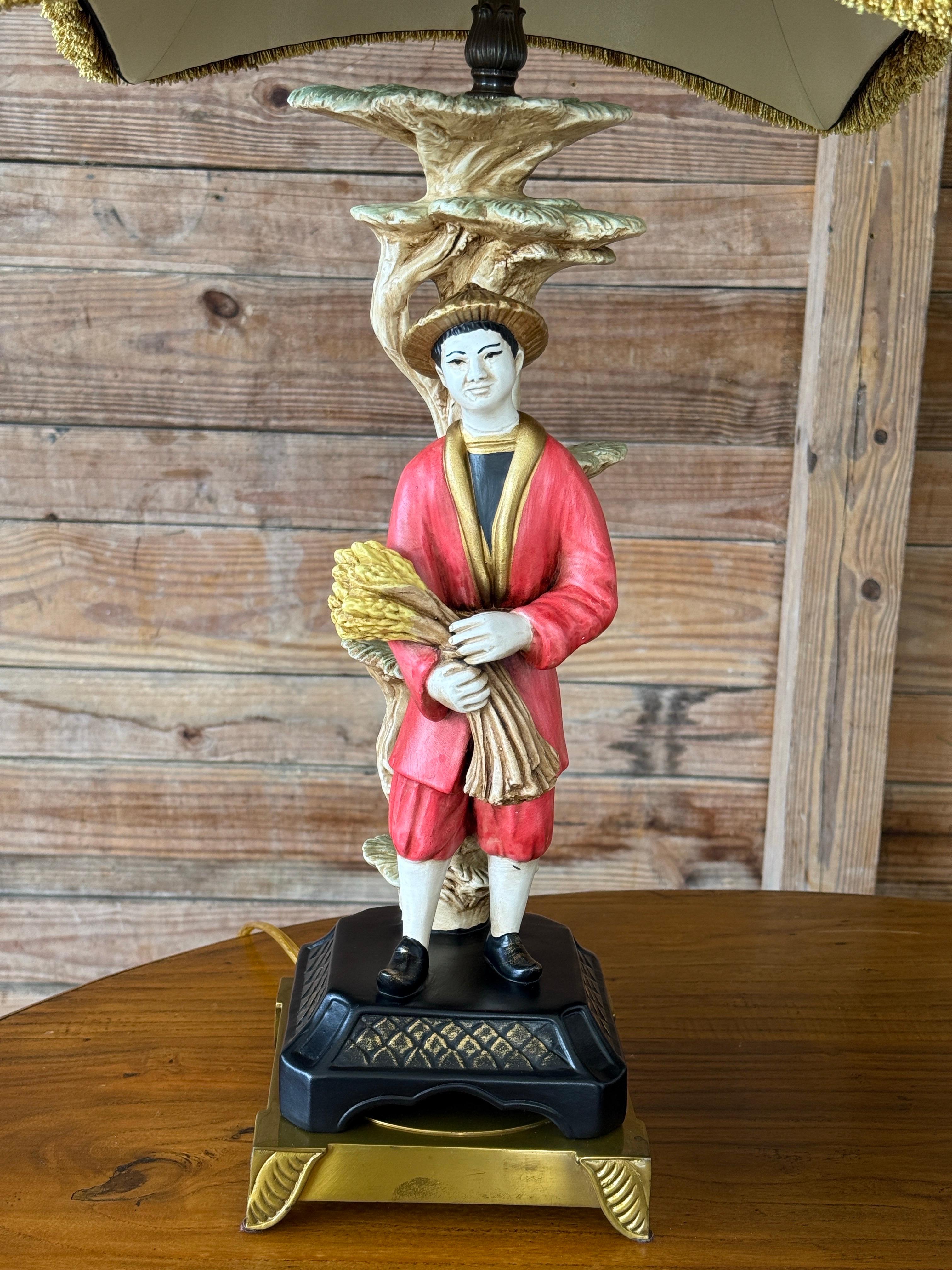 Elegante par de lámparas de sobremesa figuradas de Chelsea House, cada una con una figura masculina y otra femenina pintadas a mano con trajes tradicionales, de pie ante estilizadas formas de troncos de árbol. Las figuras están acabadas en tonos