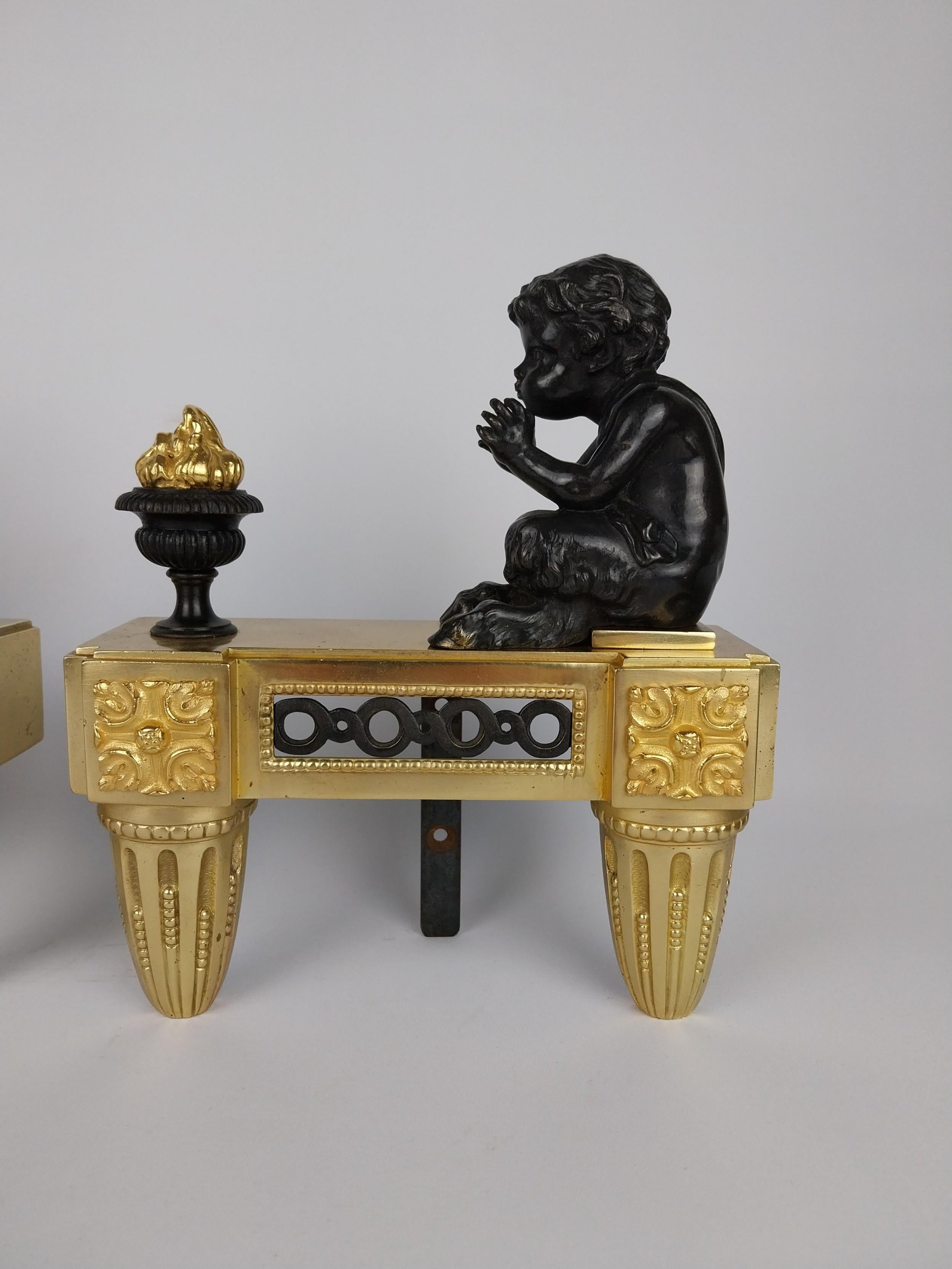 Gilt Bronze Chenet Andirons cast in the form of  Bronze Fawns blowing and warming their hands on the flames whilst sat crouched on quality Gilt bases.
Gilt Bronze Antique Fire place decoration.
French Circa 1850.
These Antique gilded bronze Chenets