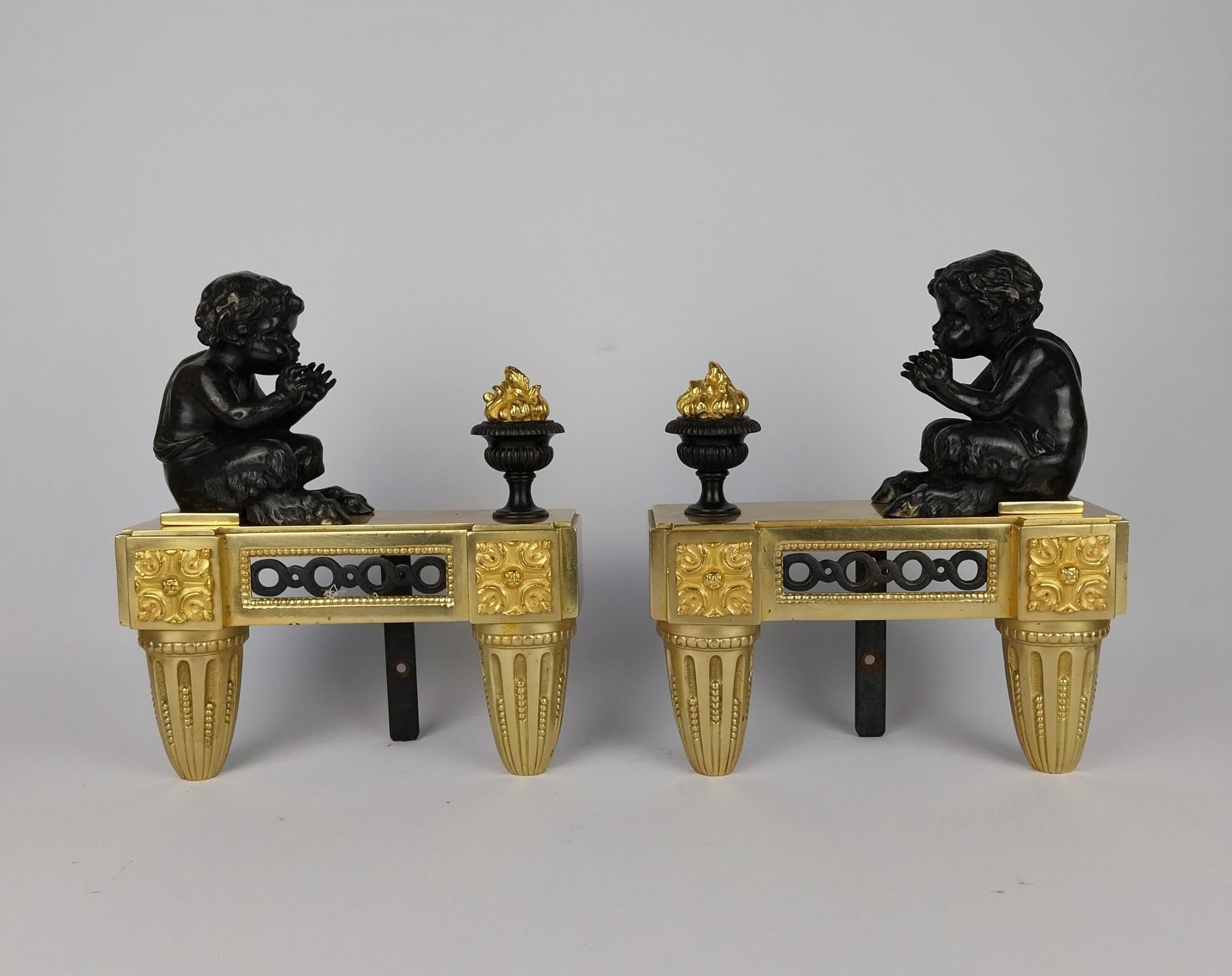 Bronze Pair of Chenet Cherubs Andirons For Sale
