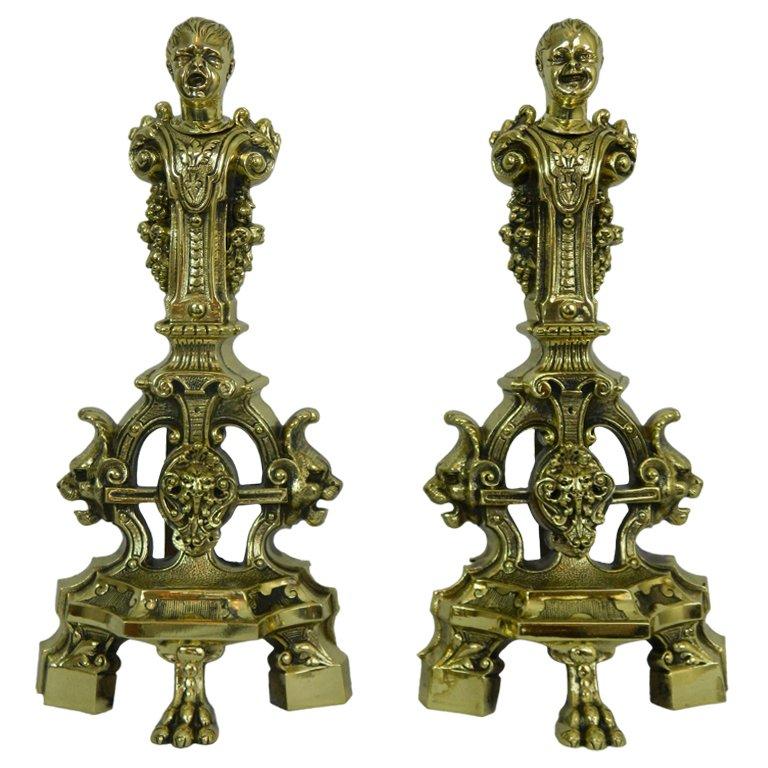 Pair of Chenets or Andirons with Cherubs and Lions Motif, 19th Century