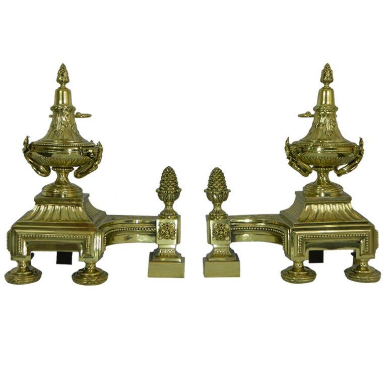 Pair of Chenets or Andirons with Urns Motif and Acorn Finials, 19th Century