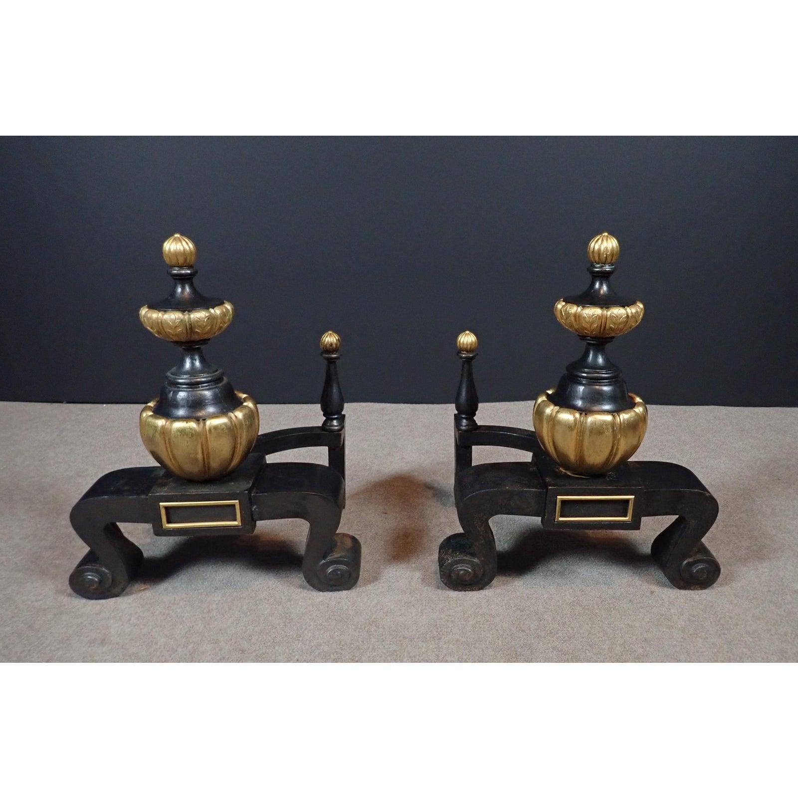 Unusual pair of chenets, Regency style doré bronze and iron. Pair of fine quality, unusual chenets/andirons. Of bulbus form in the manor of a balustrade. Full and heavy in feel.