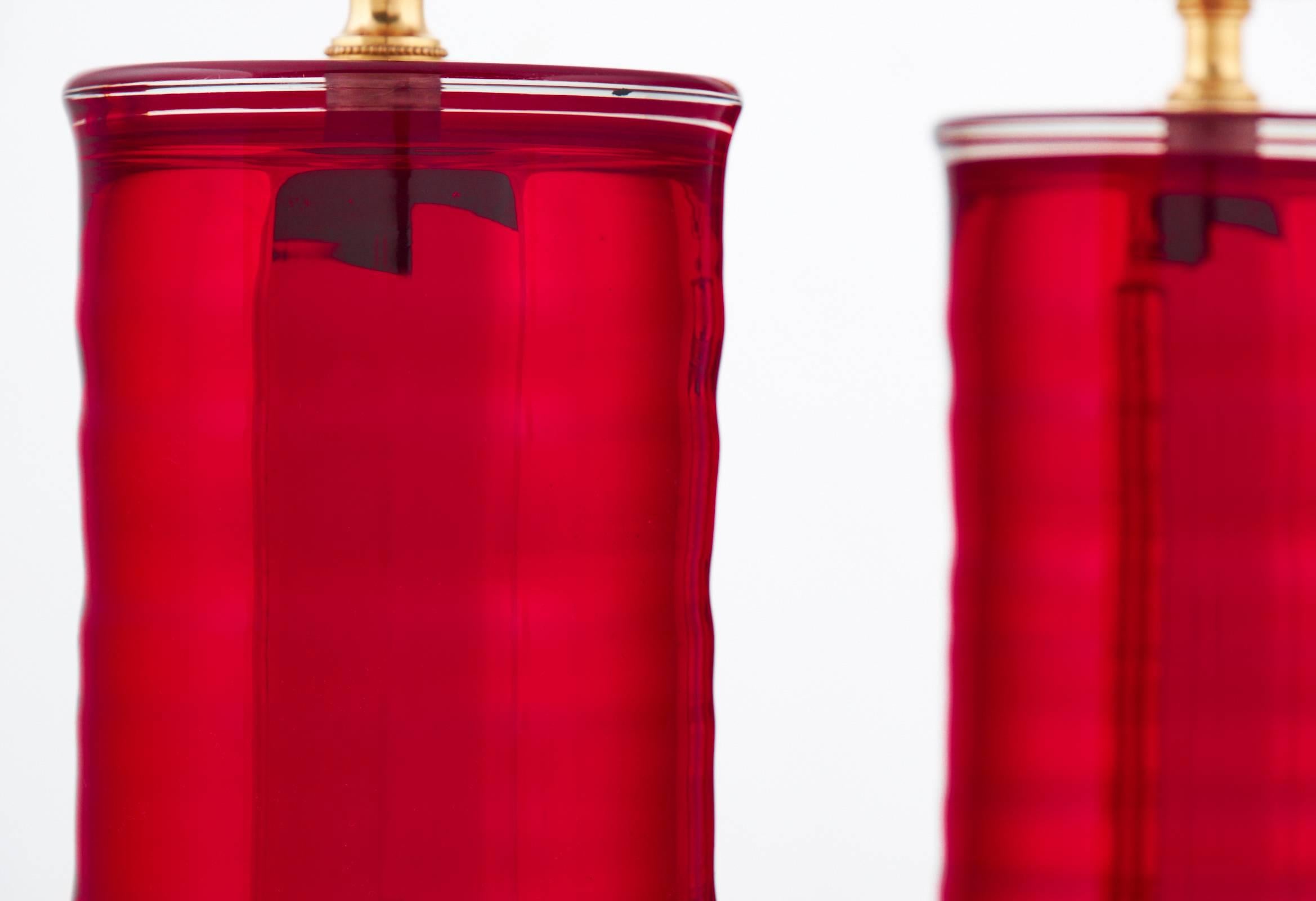 Italian Pair of Cherry Red Murano Mirrored Glass Table Lamps
