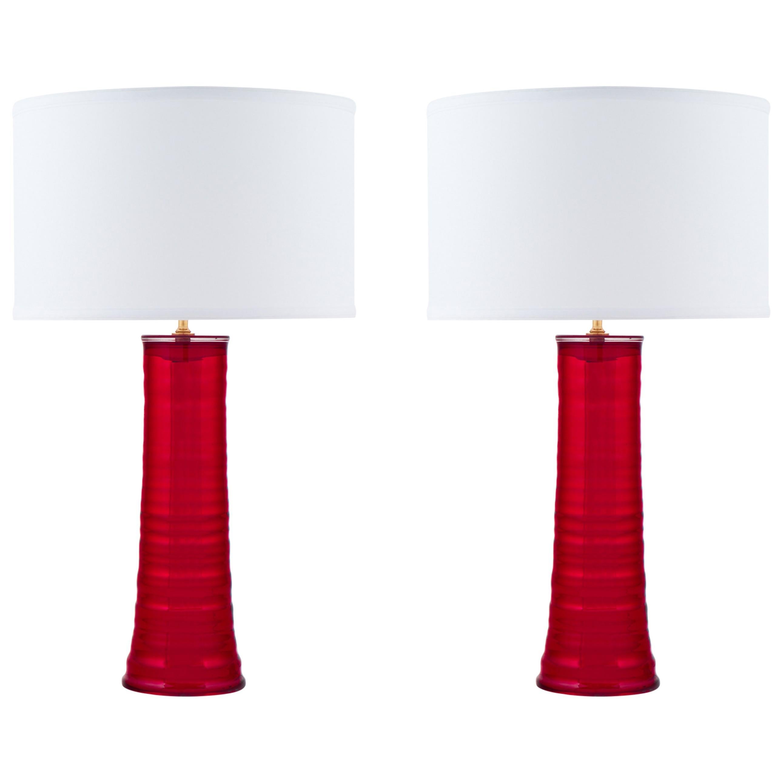 Pair of Cherry Red Murano Mirrored Glass Table Lamps
