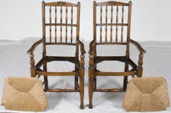 Pair of Cherry Rush Seat Country Spindle Back Dining Room Kitchen Armchairs