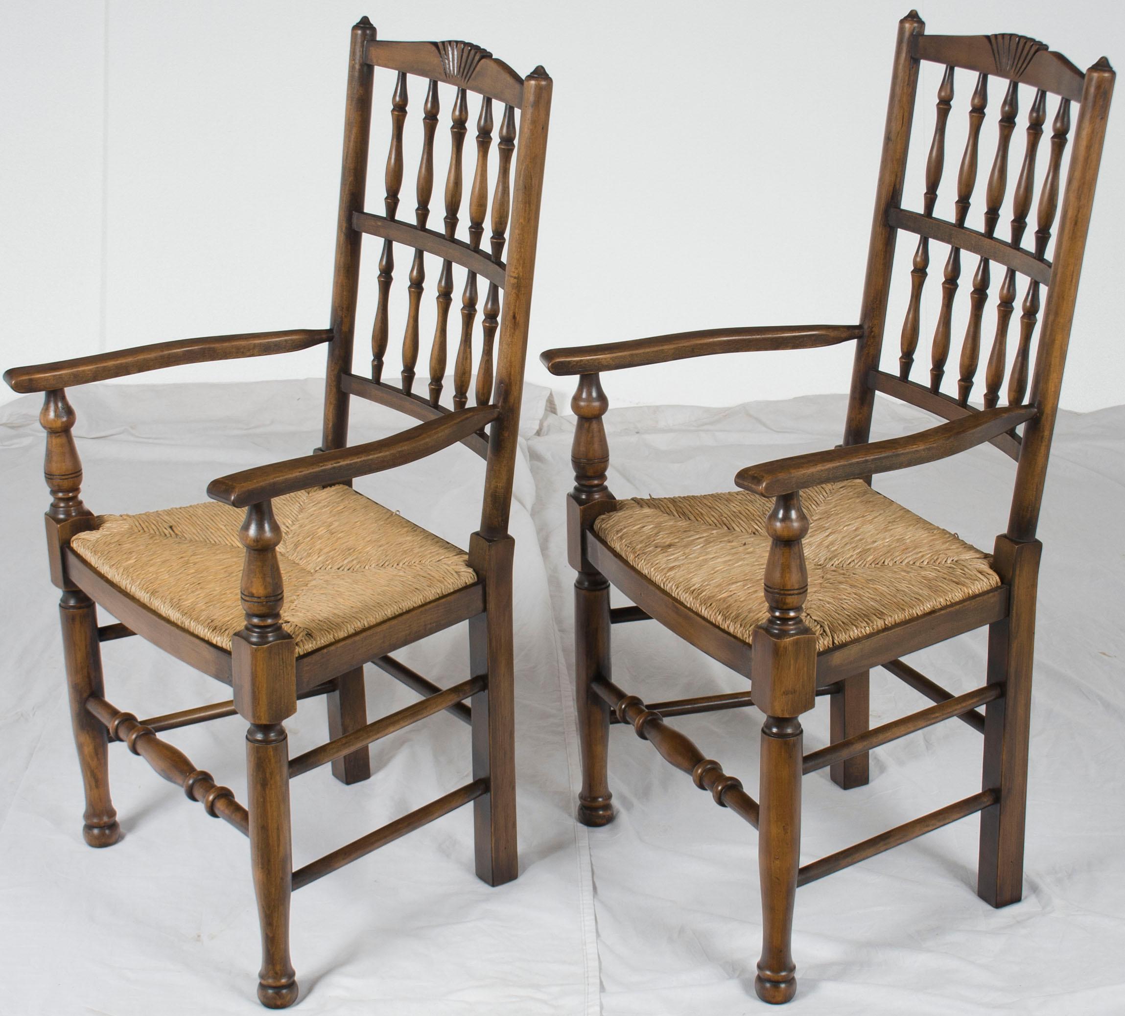 English Pair of Cherry Rush Seat Country Spindle Back Dining Room Kitchen Armchairs For Sale