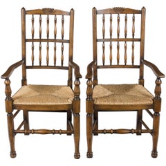 Pair of Cherry Rush Seat Country Spindle Back Dining Room Kitchen Armchairs