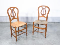 Pair of Cherry Wood Chairs with Lyre-Shaped Back and Straw Seat, Early 20th