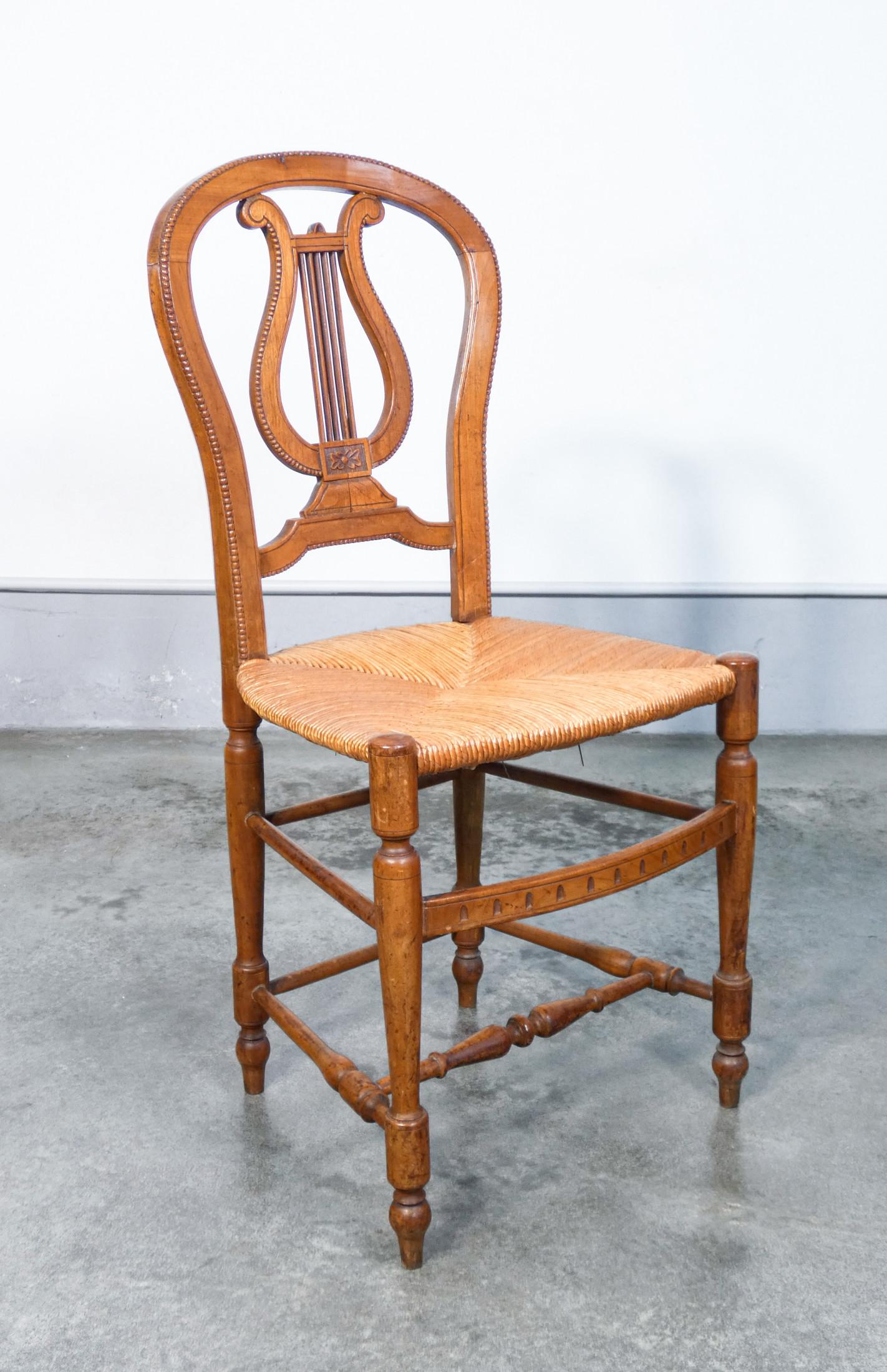 Pair of Cherry Wood Chairs with Lyre-Shaped Back and Straw Seat, Early 20th For Sale 2