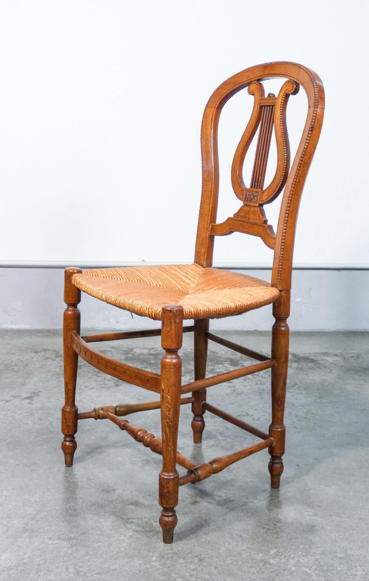Pair of Cherry Wood Chairs with Lyre-Shaped Back and Straw Seat, Early 20th For Sale 3
